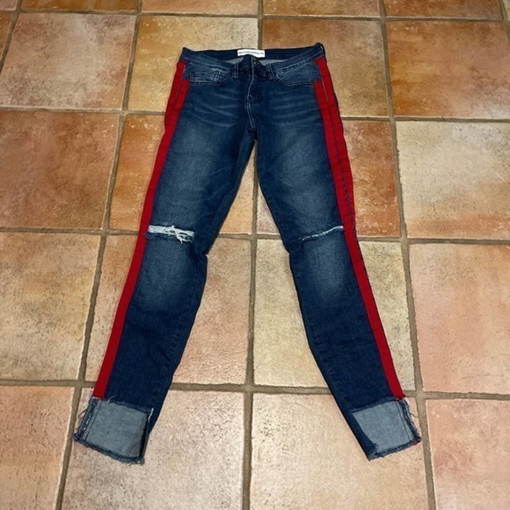 ETIENNE MARCEL RACING STRIPE ASYMOANKLE SKINNY JEANS SIZE 27